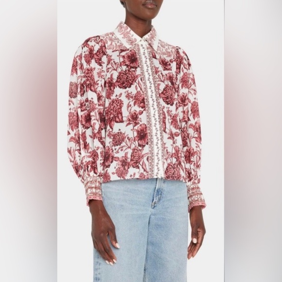 Alice + Olivia Triffie Drama Sleeve Blouse, Red/Rose Floral, Button Down, XS - Picture 5 of 16